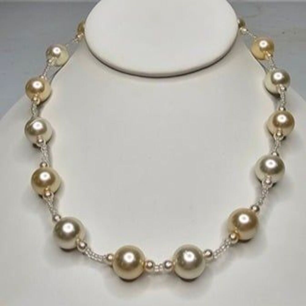 Two-Tone Glass Faux Pearl Beaded Necklace Champagne/Ivory 17.5"L